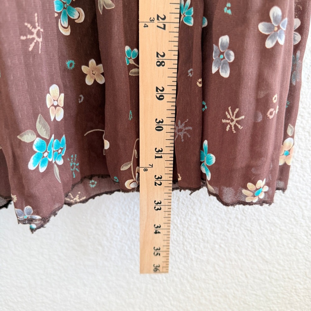 Brown Floral Micro Pleated Tiered Midi Skirt Turquoise Flowers Lettuce Hem - Picture 6 of 7